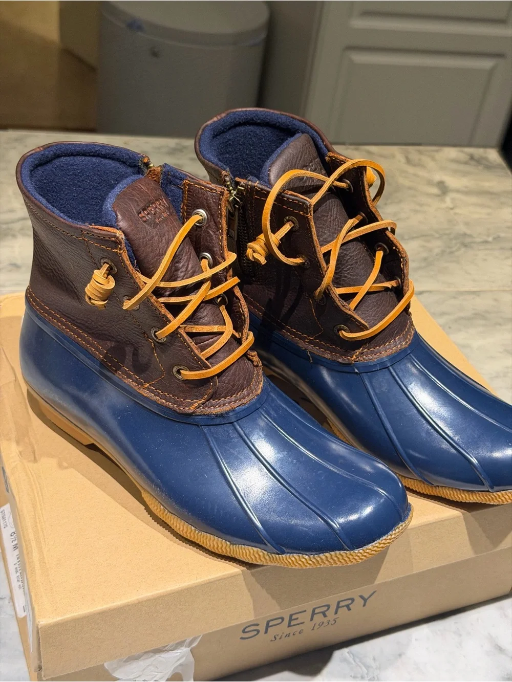 Sperry Navy and Brown Waterproof Duck Boots with Tan Laces